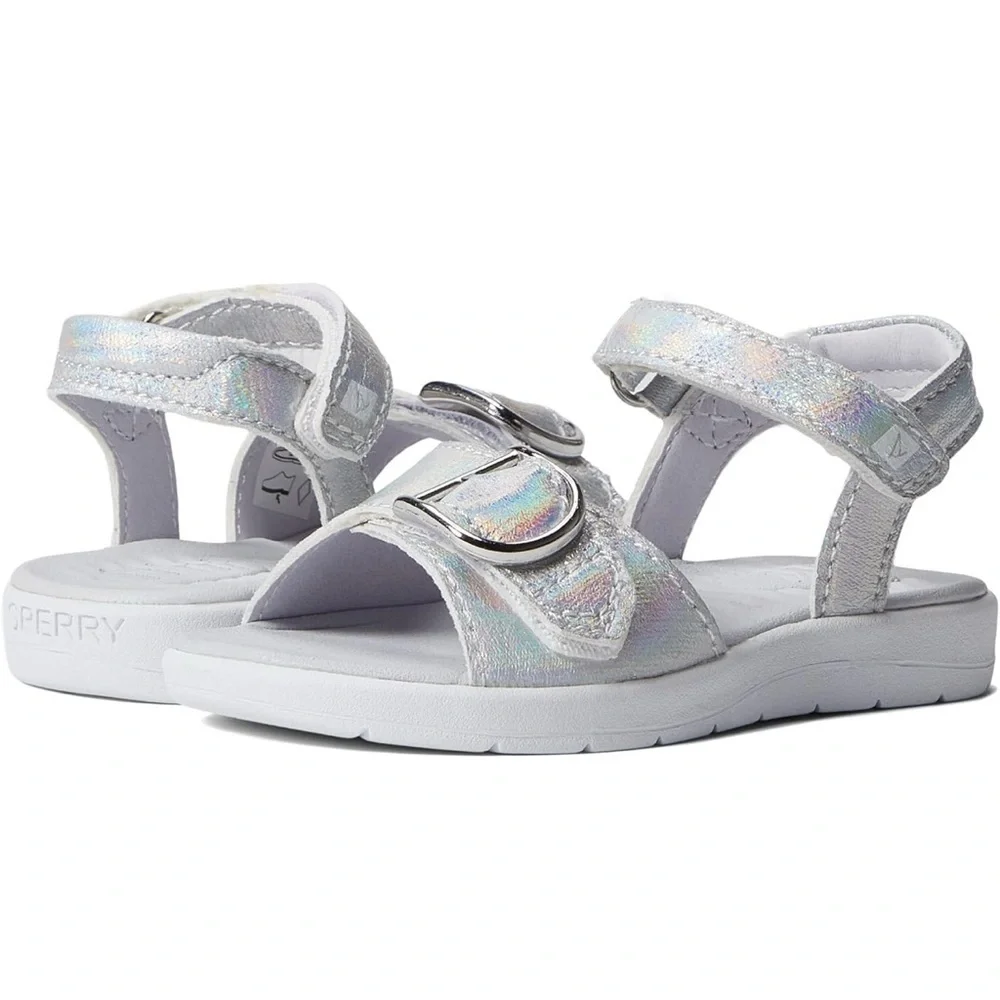 Sperry Kids Iridescent Silver Sandals Girls Cottagecore Coastal 7M‎ w/Box